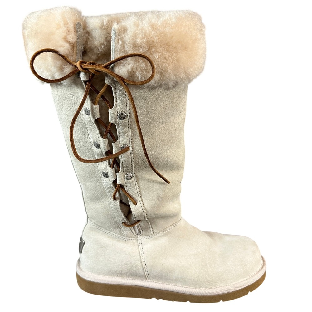 NWOB UGG Australia Sunburst Tall Suede Shearling Lace Up Boots Sand Cream 7